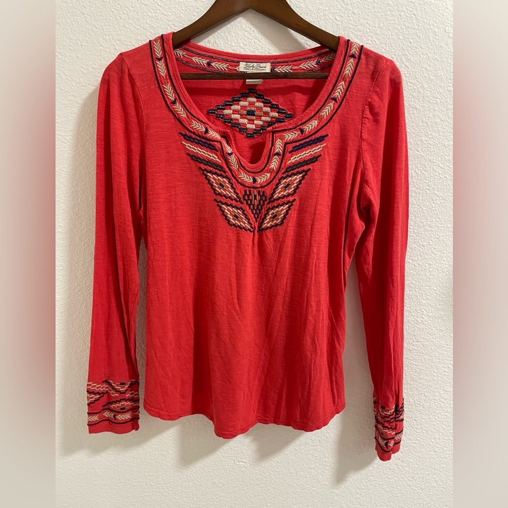 Lucky Brand Red Embroidered Long Sleeve Top